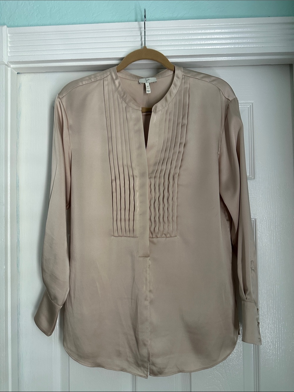 Joie Neutral Beige Pintuck Split-Neck Blouse
